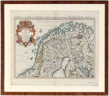 KARTA, kopparstick, "Carte des Courones du Nord Qui Comprend les Royaumes de Danemark...", 16/1700-tal.
