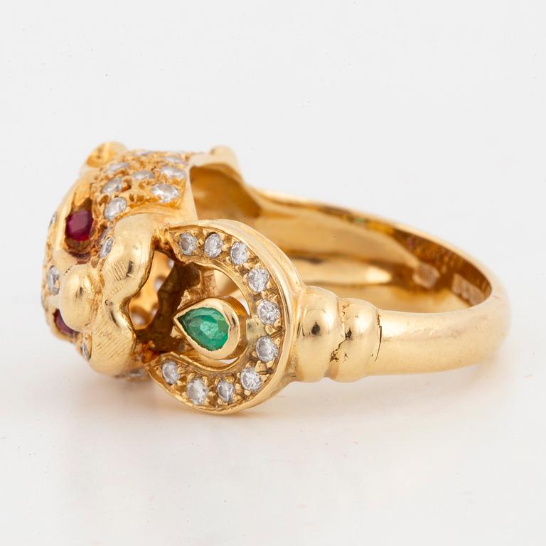 18K gold brilliant-cut diamond, ruby and emerald tiger ring.