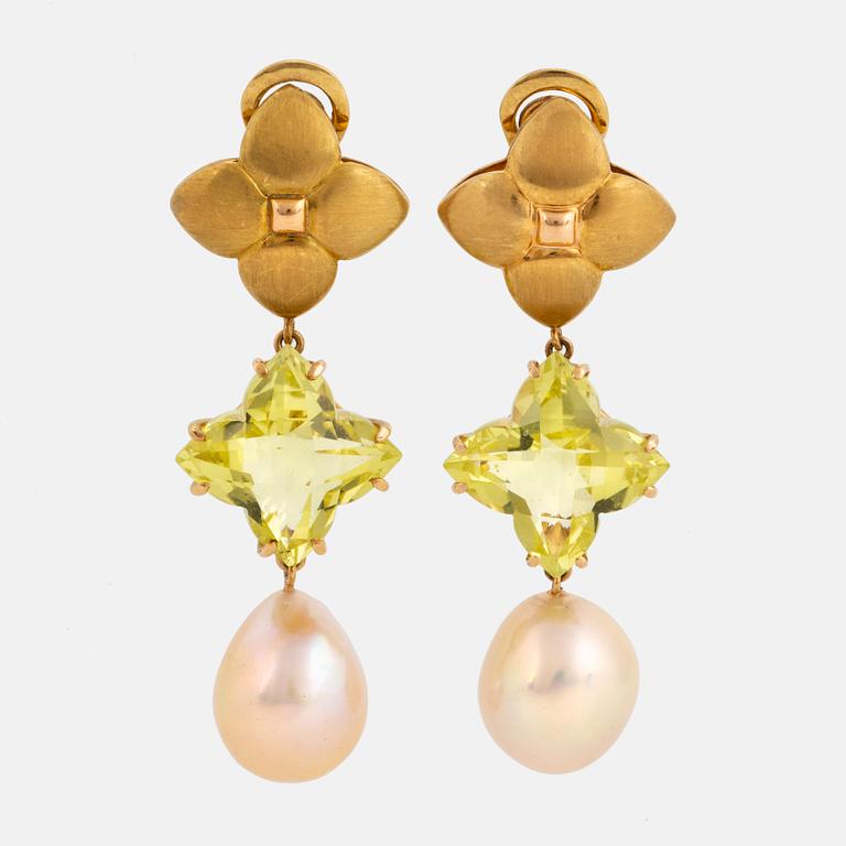 GAUDY, cultured South sea pearl and checker-cut lime quartz earrings.