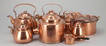KANNOR, 6 st samt KASTRULLER 3 st, koppar, 1800-1900-tal.