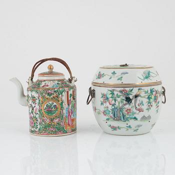 Tekanna, porslin, Kanton, och skål med lock, porslin, Kina, Qingdynastin, 1800-tal.