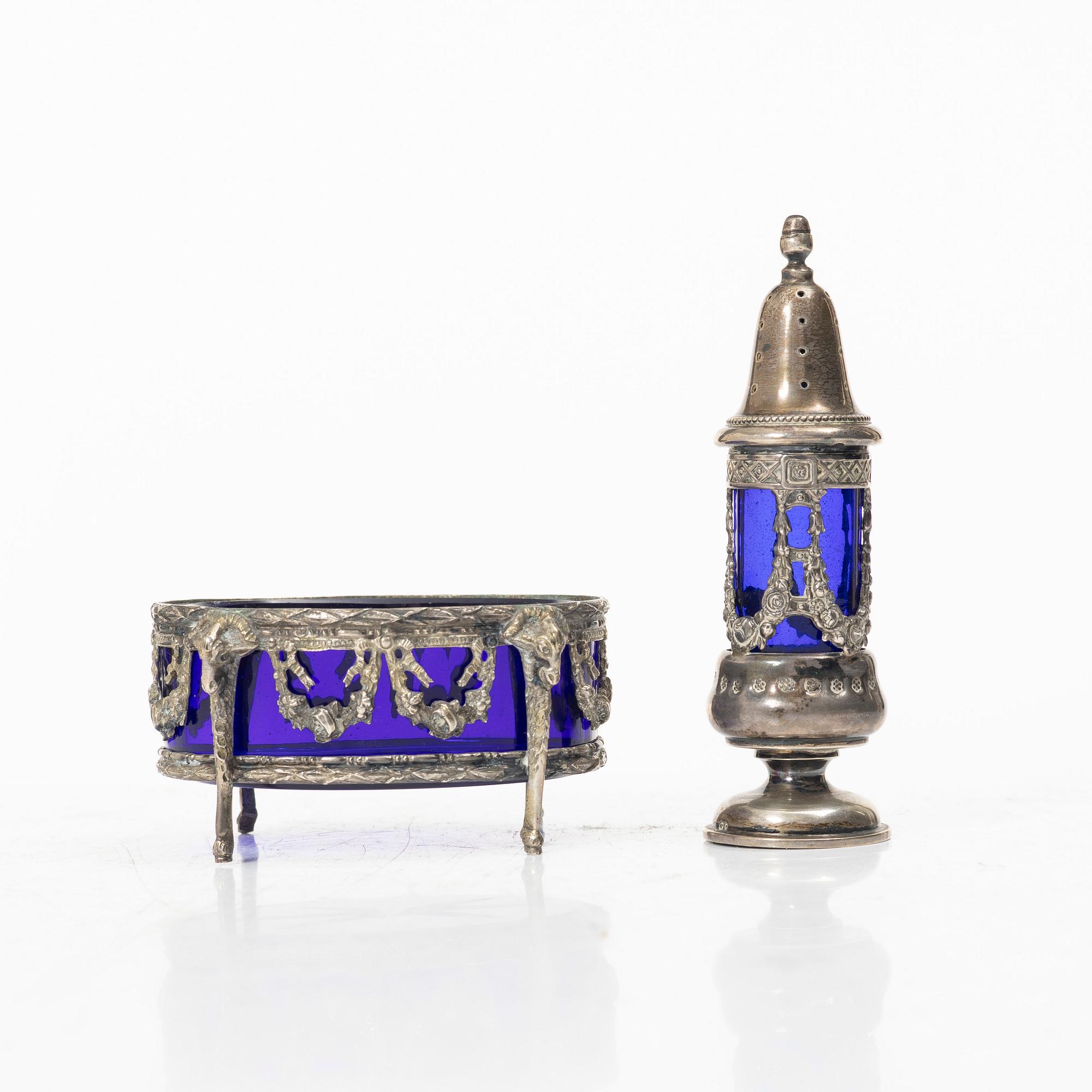 A silver salt cellar and a pepper shaker, Louis XVI style, Swedish import marks.