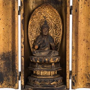 Two Japanese wooden Bodhisattva, one in zushi shrine, 19th century.