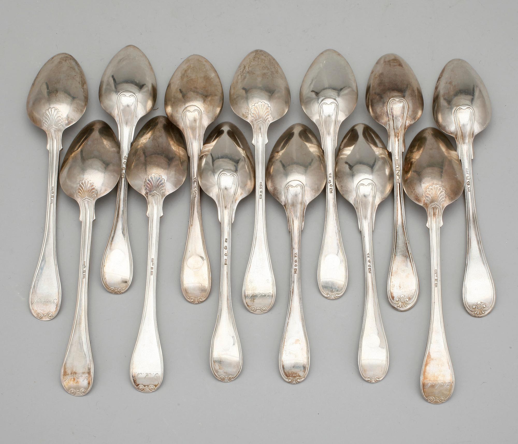 DESSERTSKEDAR, 13 delar, silver, bla Pehr och Adolf Zethelius, Stockholm, 1800-tal. Vikt: ca 539 gram.