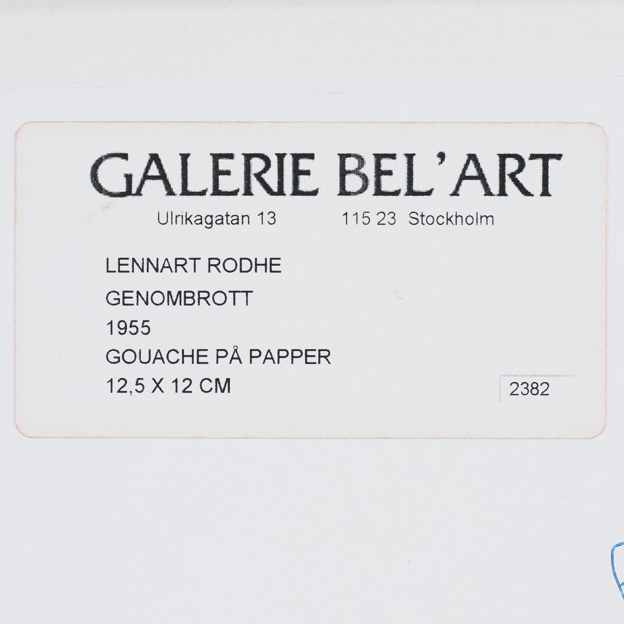 LENNART RODHE, gouache, monogramsignerad, utförd 1955.