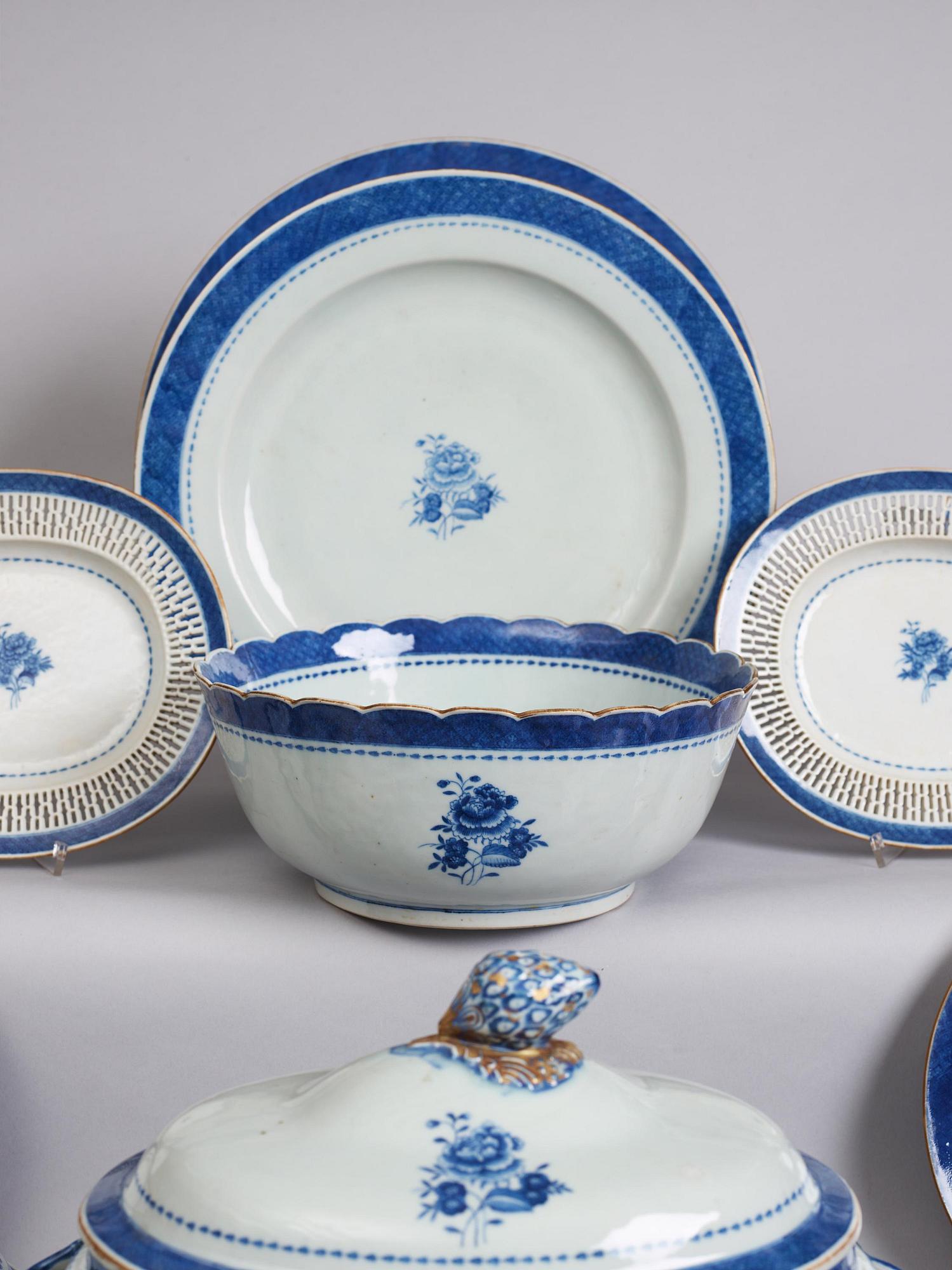 A blue and white dinner service, Qing dynasty, late 18th century. (56 pieces).