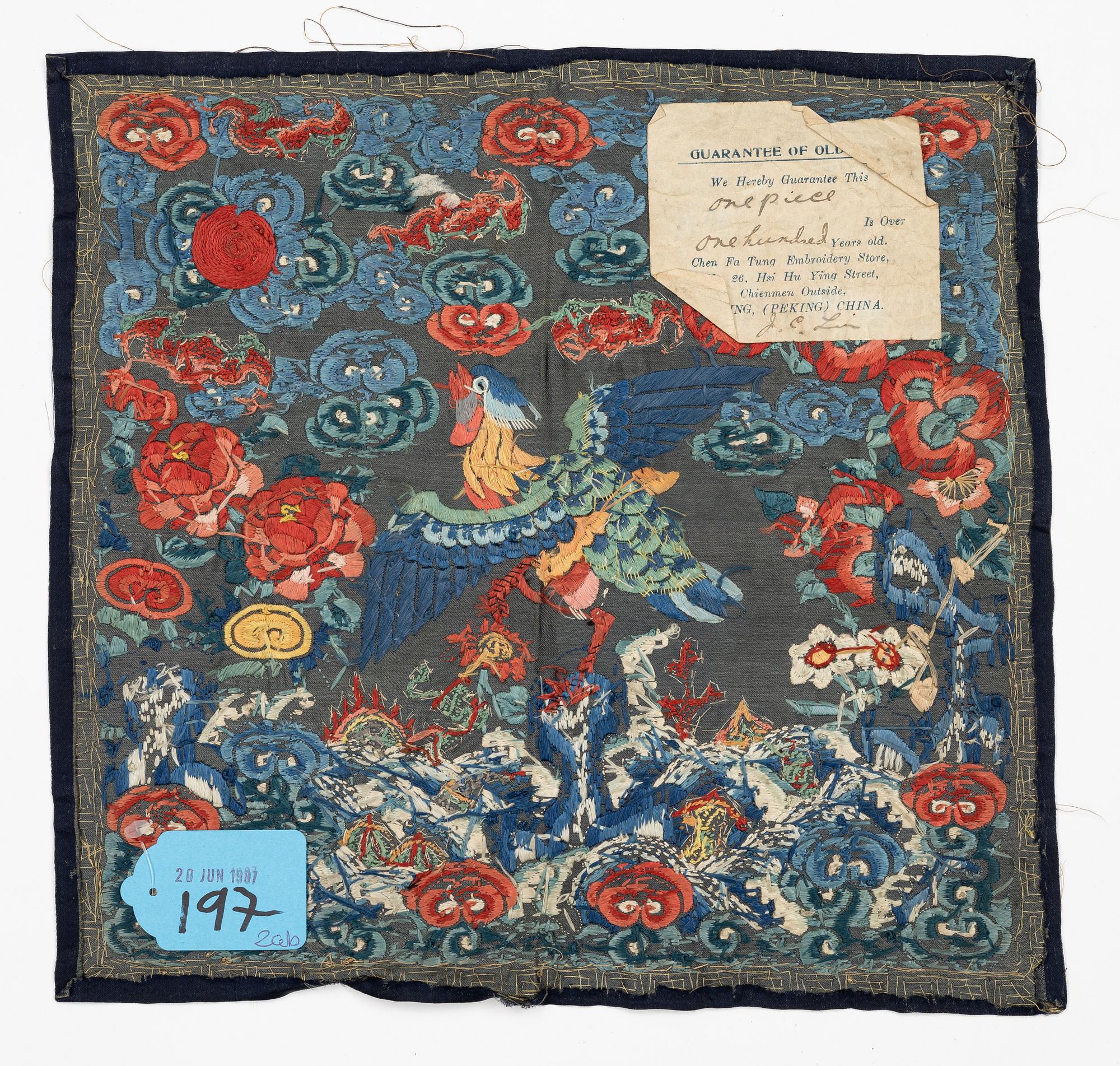 An embroidered rank badge with a bird, Qing dynasty, 19th century.