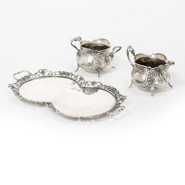 Gewe Silvervarufabriken Ab, cream jug, sugar bowl and tray, silver, Rococo style, Malmö 1968–1976.