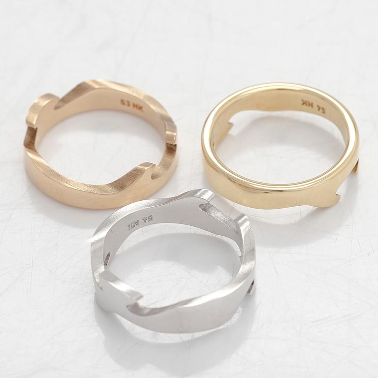 Georg Jensen, a 3 pcs 'Fusion' ring,  18K tri-color gold, Nina Koppel.