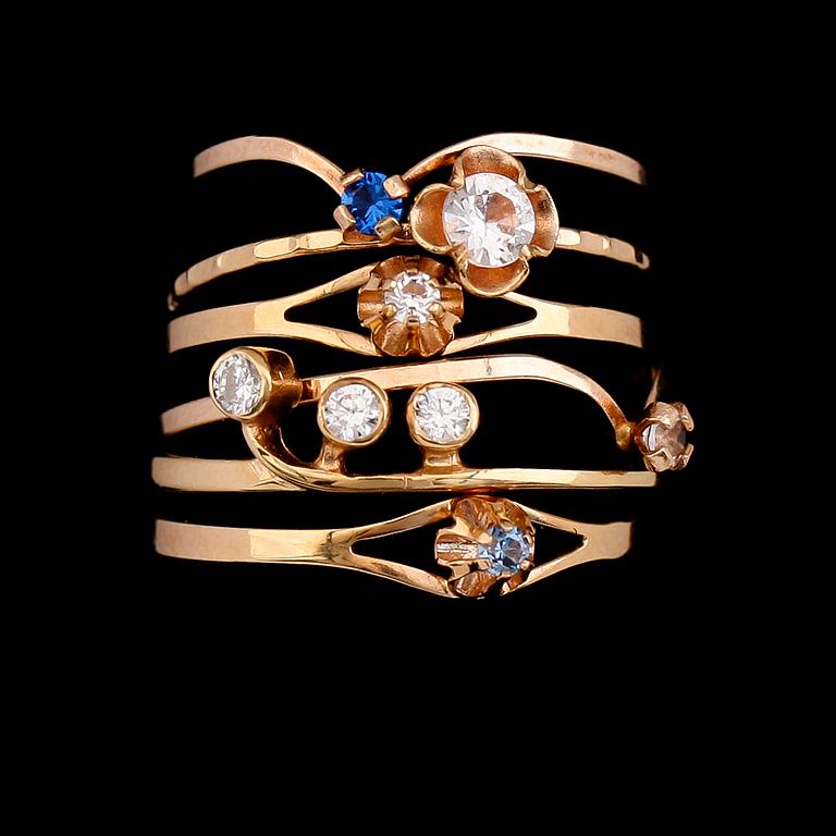 RINGAR, 6 st, 18 k guld med olika stenar. Total vikt ca 5 gram.
