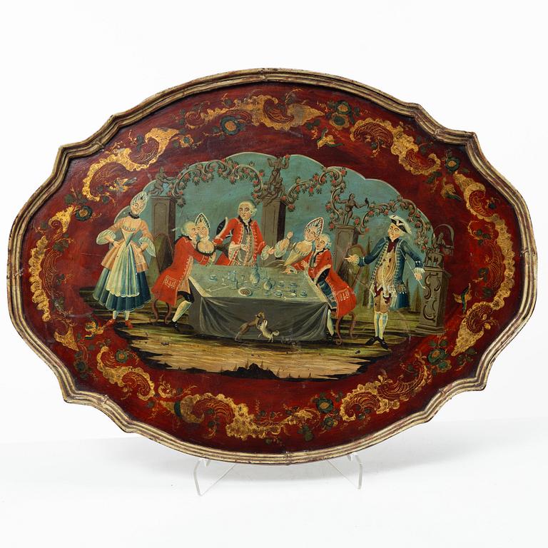 A Rococo-style papier maché tray, presumably central Europe, 19th century.