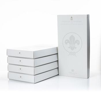 Tablecloths, 4 pcs, and 10 placemats, linen damask, "The Royal Anniversary and World Scout Centennial Present", Georg Jensen.