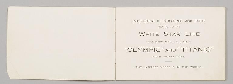 BROSCHYR. WHITE STAR LINE. "OLYMPIC" & "TITANIC". THIRD CLASS ACCOMMODATION. " THE LARGEST STEAMERS IN THE WORLD".