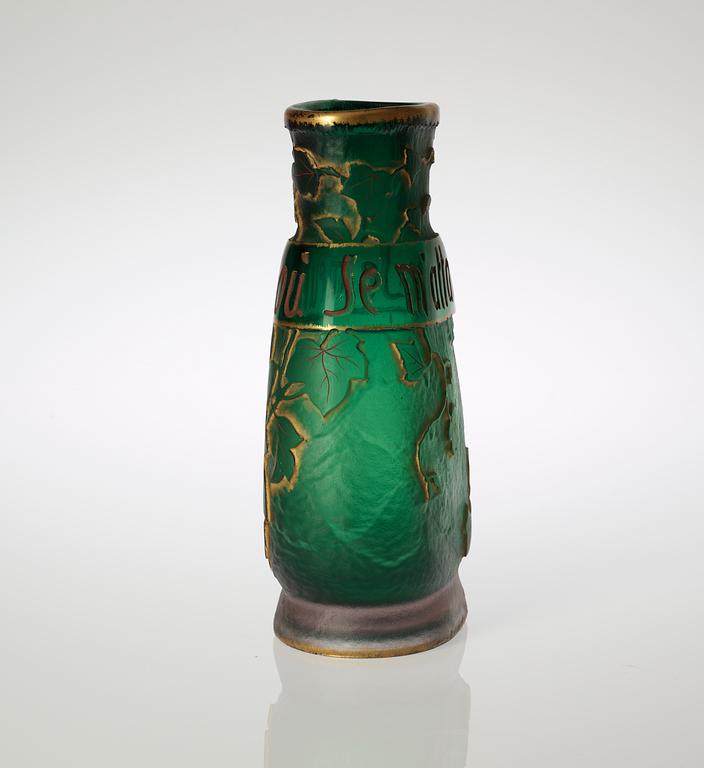 A Daum Frères etched and cut glass vase, decorated in red and gold, Nancy, France 1892.