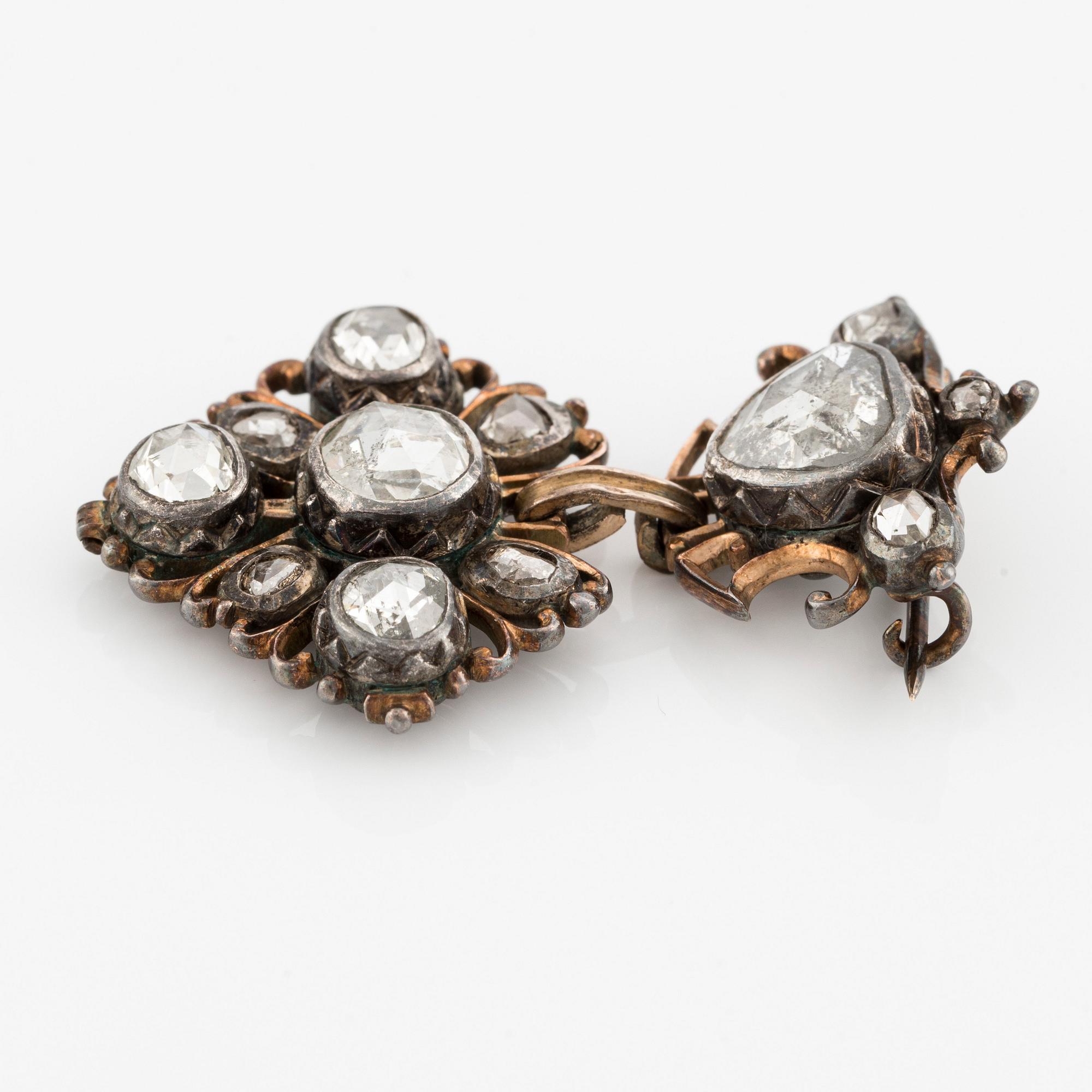 A  14K gold and silver brooch with rose-cut diamonds, 19th century.