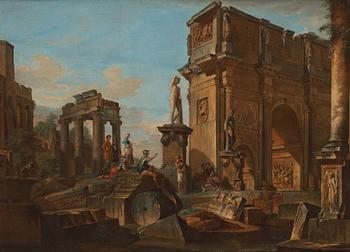 498. Giovanni Paolo Panini, Capriccio med figurer vid romerska ruiner och Konstantinbågen.