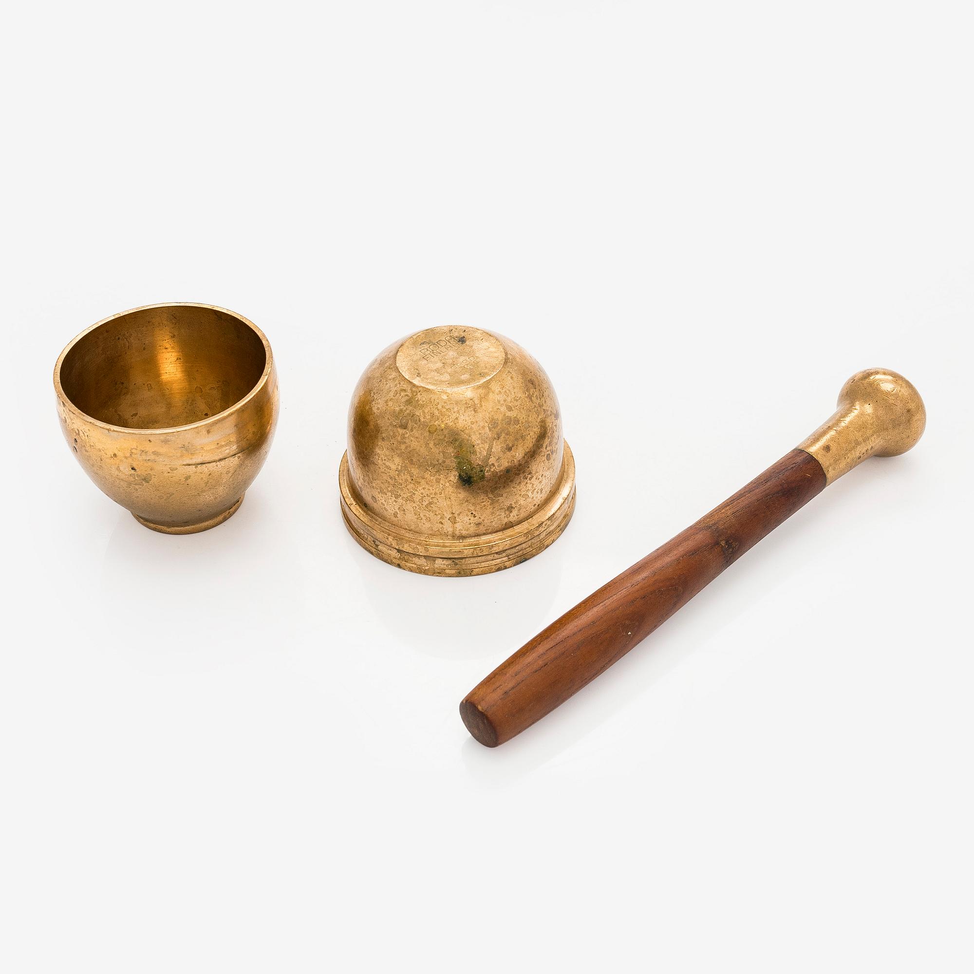 Bertel Gardberg, a 1950s teak and bronze mortar, marked Gardberg, Boda Finland.