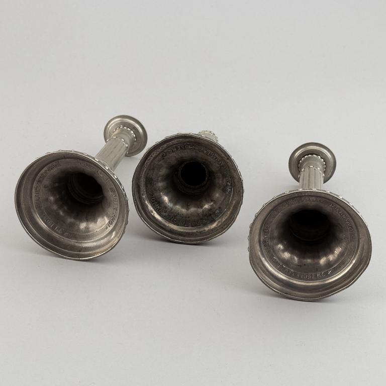 2+1 swedish pewter candlesticks, mark of Martin Gustaf Moberg, Jönköping 1791-93.