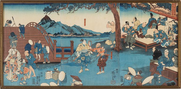 UTAGAWA KUNIYOSHI (1797/98-1861), triptyk, färgträsnitt. Japan, "Miyamoto Musashi".