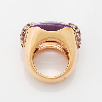 A Pomellato ring set with amethysts and round brilliant-cut diamonds.