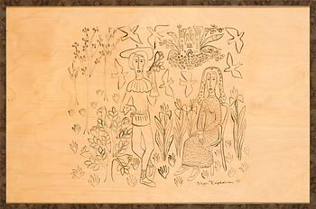 Birger Kaipiainen, drawing, ink on plywood, signed and dated -46.