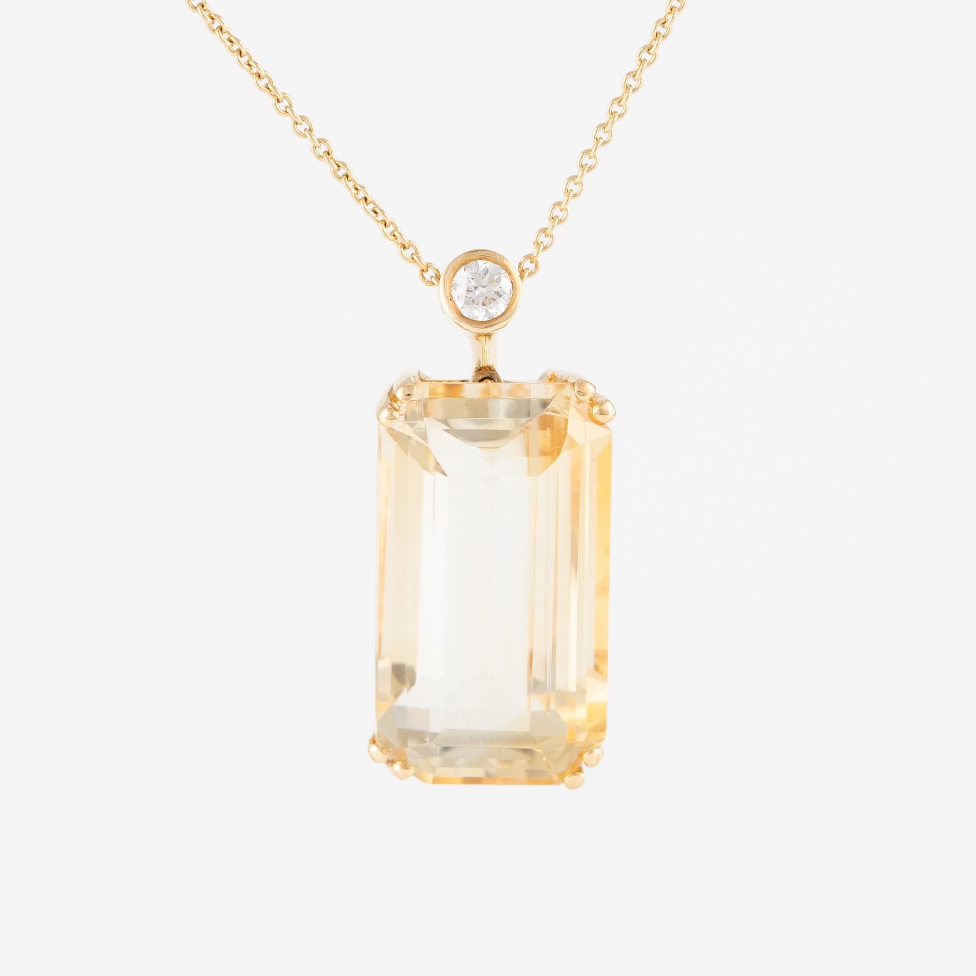 Emerald cut citrine and brilliant cut diamond necklace.