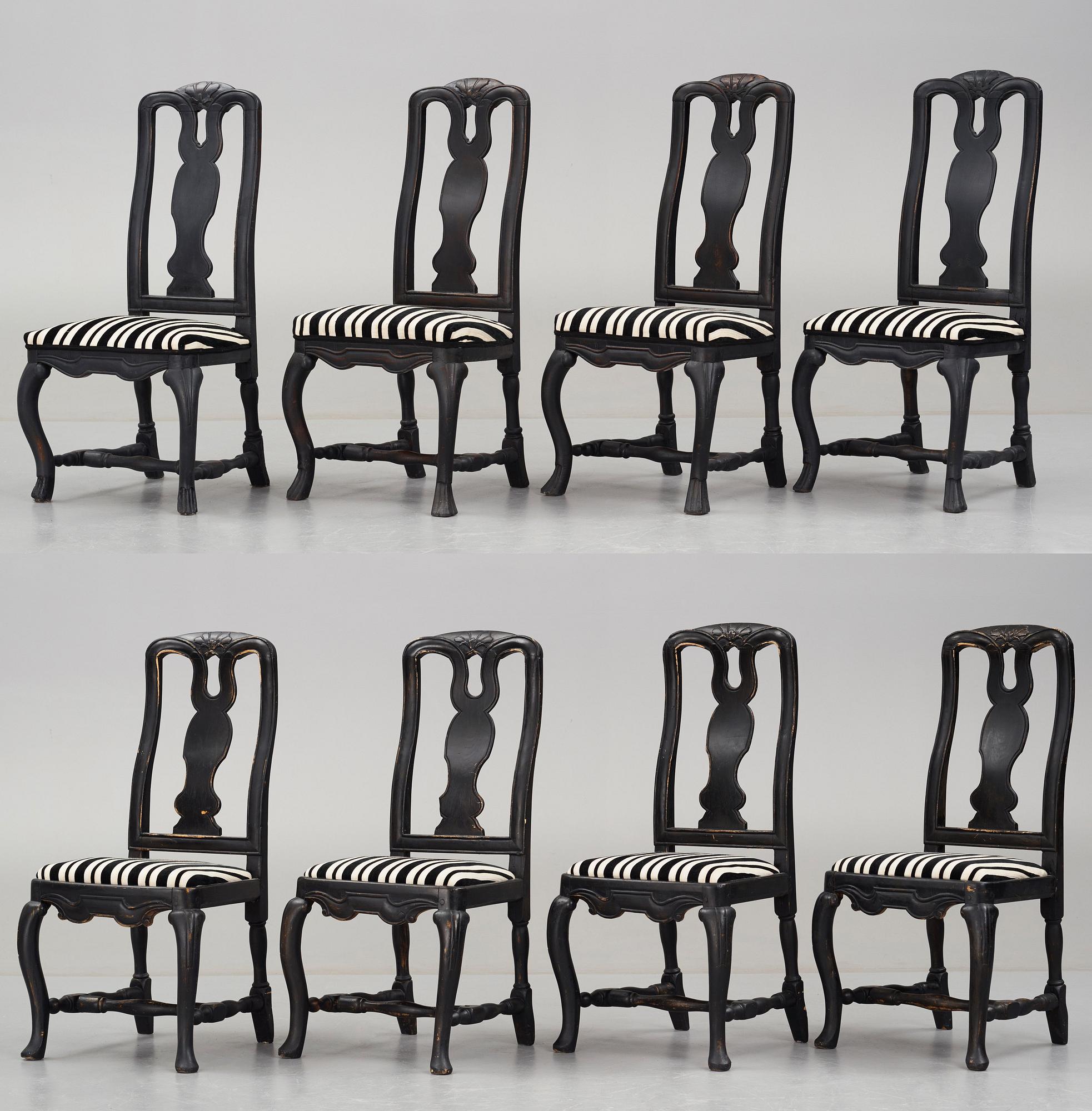 STOLAR, åtta stycken, Stockholmsarbeten 1700-talets mitt, Senbarock.