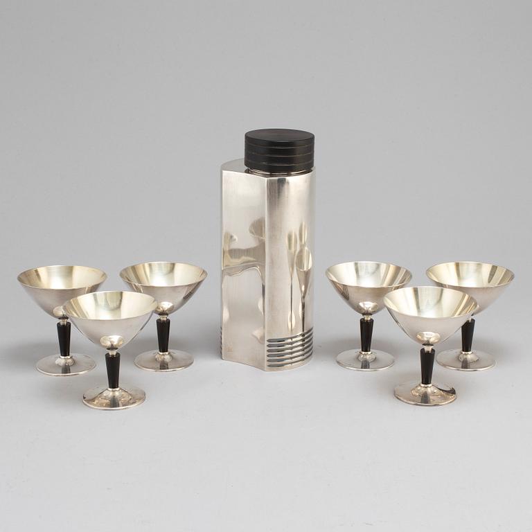 FOLKE ARSTRÖM, cocktailglas och shaker, 7 delar, GAB, 1930 / 40-tal.