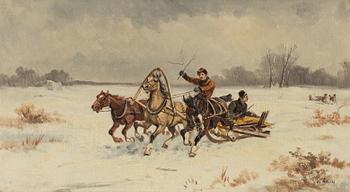 Okänd konstnär, 18/1900-tal, Jagad av vargar.