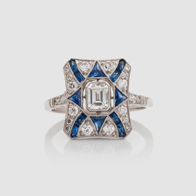 An Art Deco sapphire and diamond, 0.42 ct according to engraving, ring.