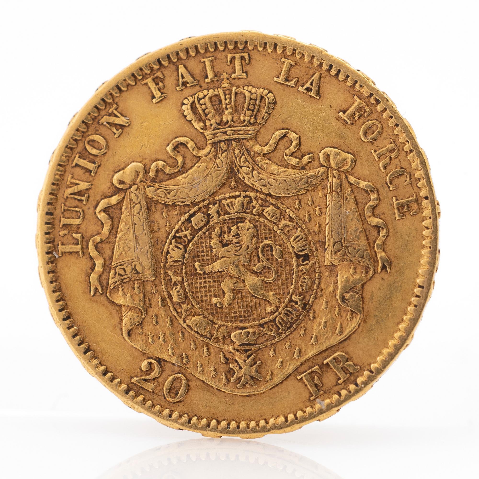 Gold coin, Belgium, Leopold II, 20 Franc, 1870.