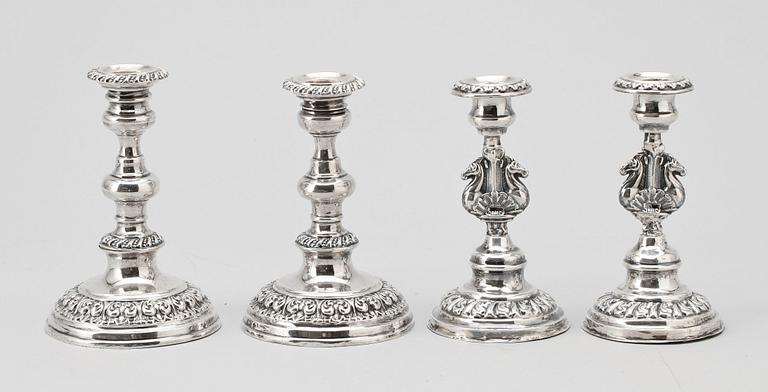 LJUSSTAKAR, 2 par, silver, senempire, D.Hermansson & Co resp otydl mästarstämpel, Stockholm 1842 res 1851.