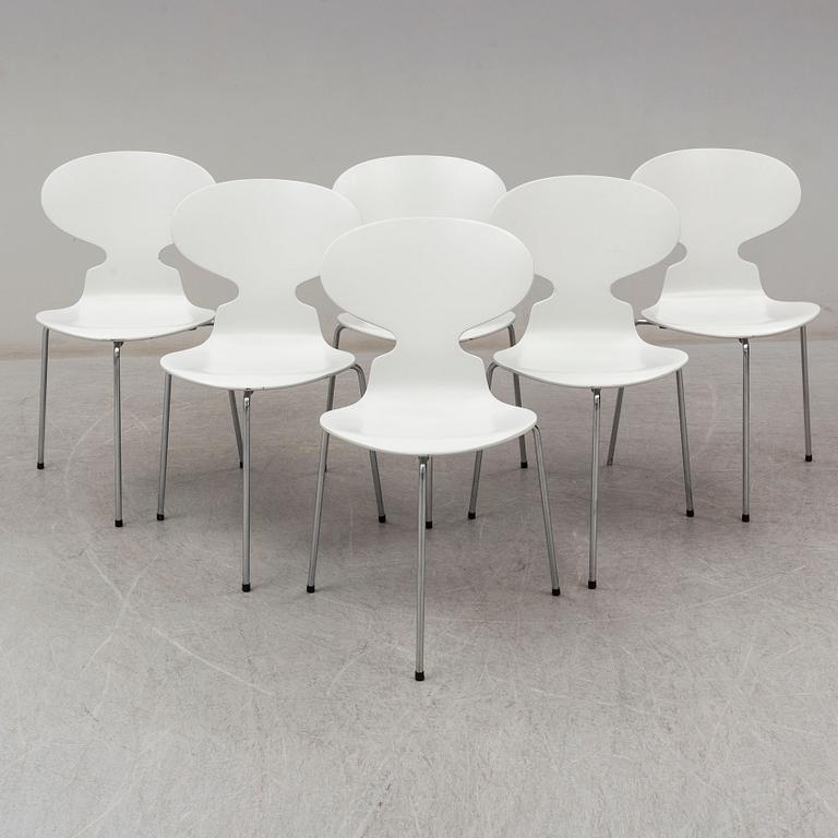 ARNE JACOBSEN, six painted 'Myran' chairs. Fritz Hansen Denmark.