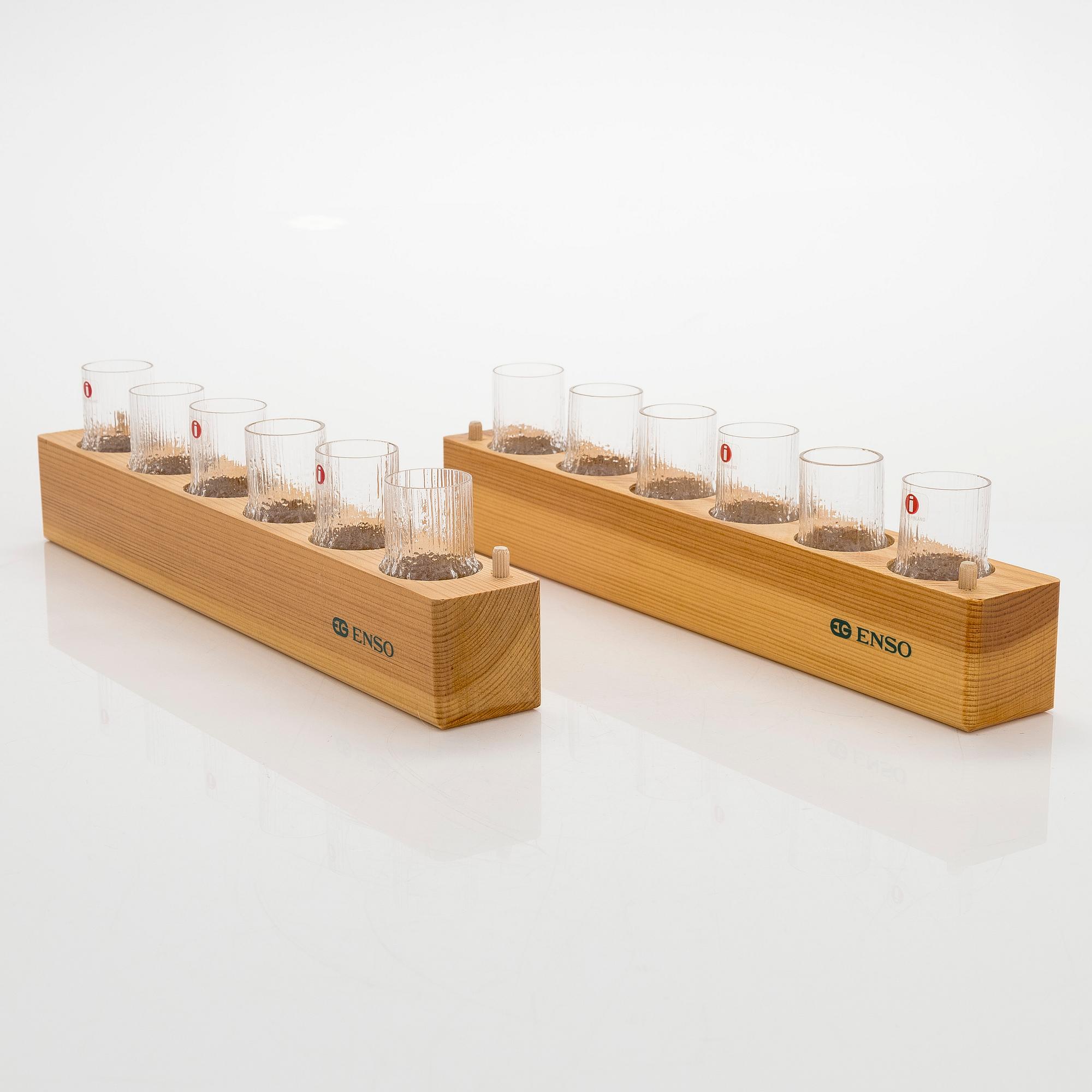 Tapio Wirkkala, twelve 'Niva' schnapps glasses in original wooden boxes. Iittala.