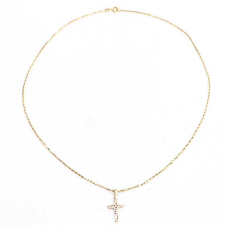 Halsband/ hänge, kors, 14K guld med diamanter tot. ca 0.19 ct.