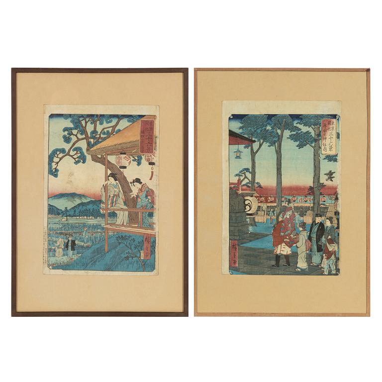 Utagawa Hiroshige II, färgträsnitt, 2st, Japan, 1800-talets andra hälft.