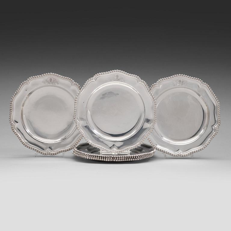 A set of six English 18th century silver plates, mark of George Methuen, London 1761.