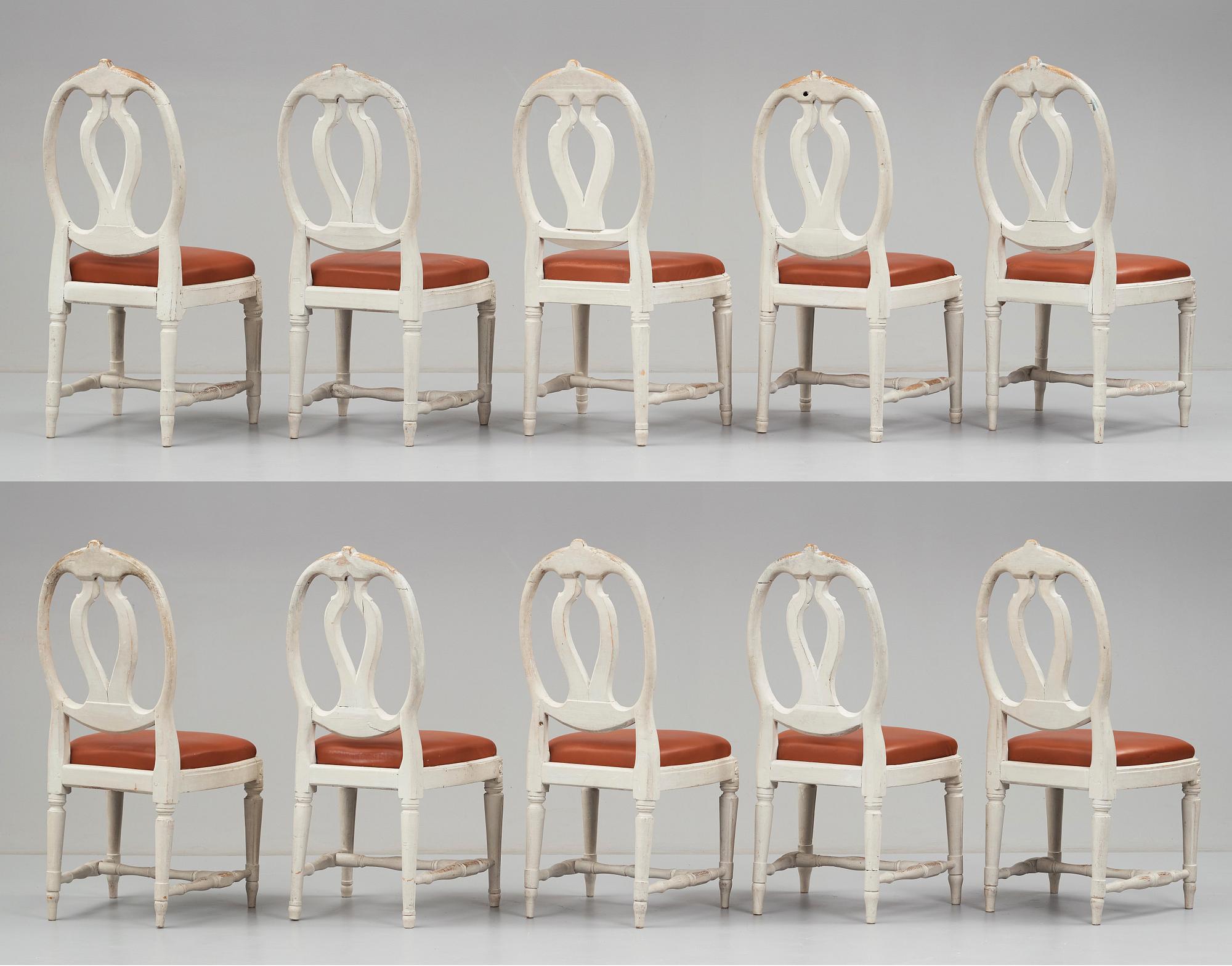 Ten matched Gustavian late 18th century chairs.