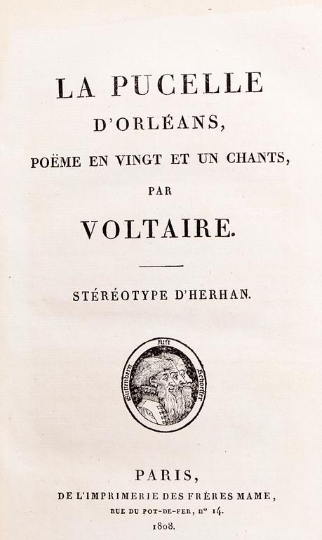 FURSTLIG BOK, "La Pucelle d´Orleans, poëme en vingt et un chants", av Francois Voltaire, Paris 1808.