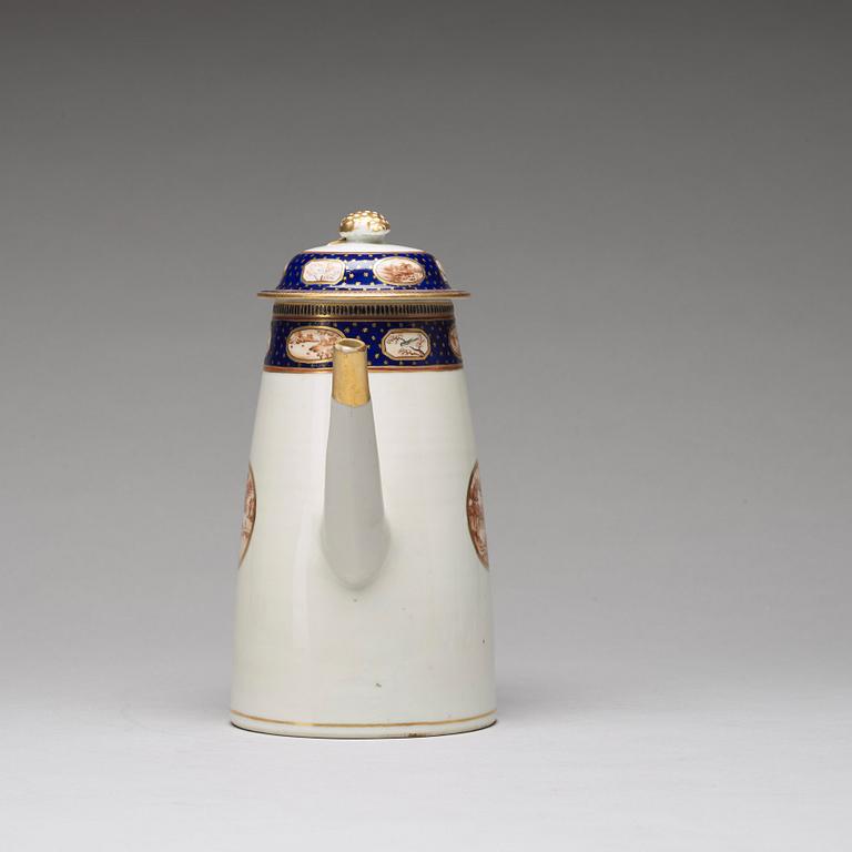 An enamelled coffee pot with four cups and three stands, Qing dynasty, Jiaqing (1796-1820).