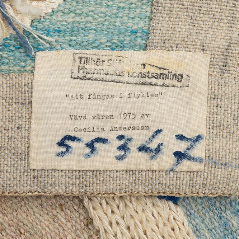 Cecilia Andersson, a tapestry, 'Att fångas i flykten', flat weave, c. 150 x 112 cm, signed CA.