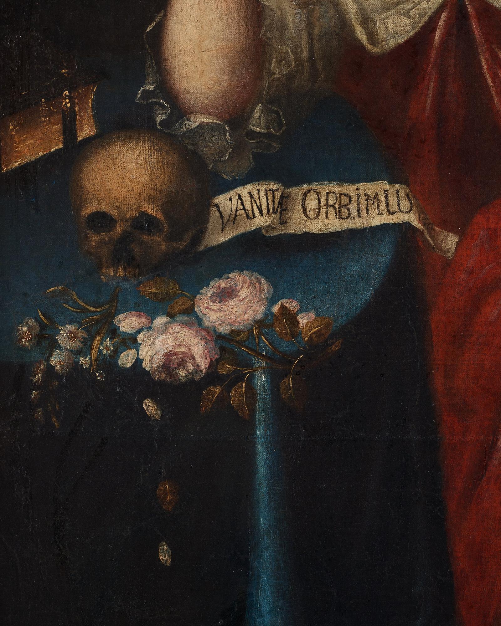 Vanitas med silverföremål, musikinstrument och döskalle.