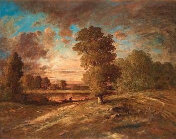 223. Théodore Rousseau, "Paysage au crépuscule" (Landskap med solnedgång).