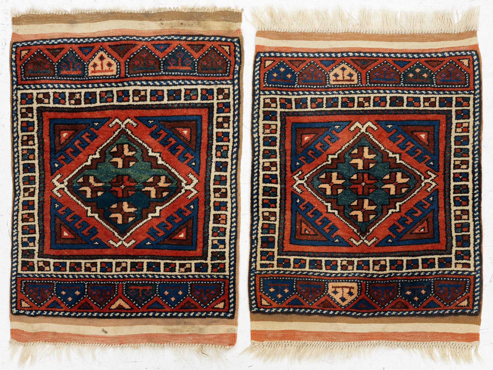 A pair, semi-antique rug, Döşemealtı, Antalya region, Turkey, ca 75 x 77 cm.