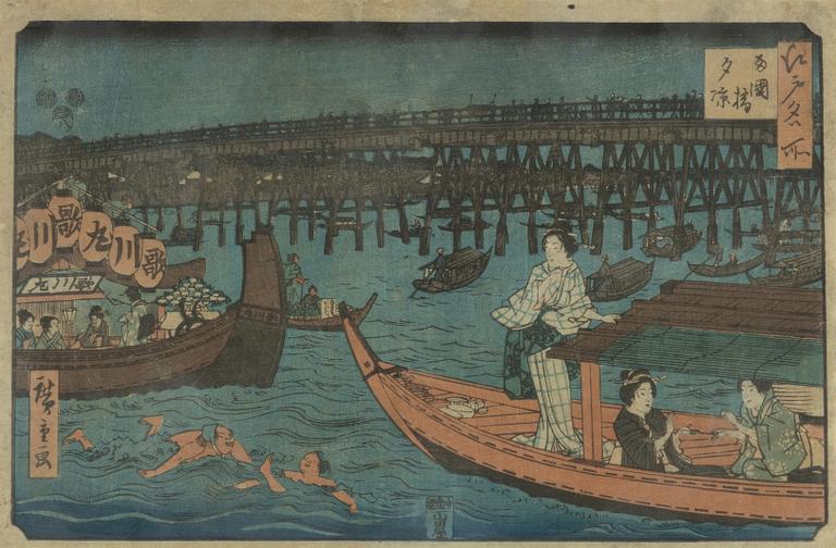 Ando Hiroshige, 'Enjoying the evening cool at Ryogoku Bridge'.