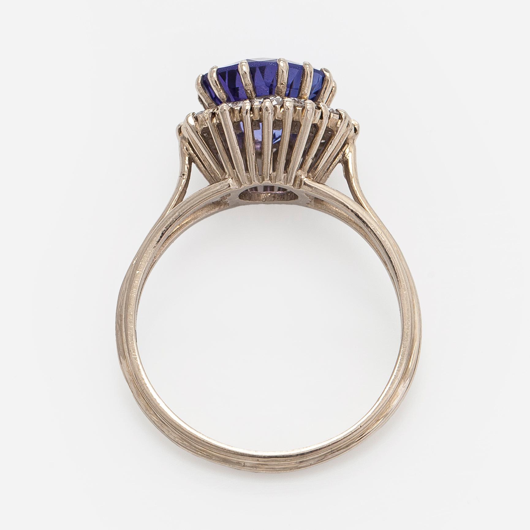 Ring, faceted tanzanite, brilliant cut diamonds, 14K white gold, 1973.