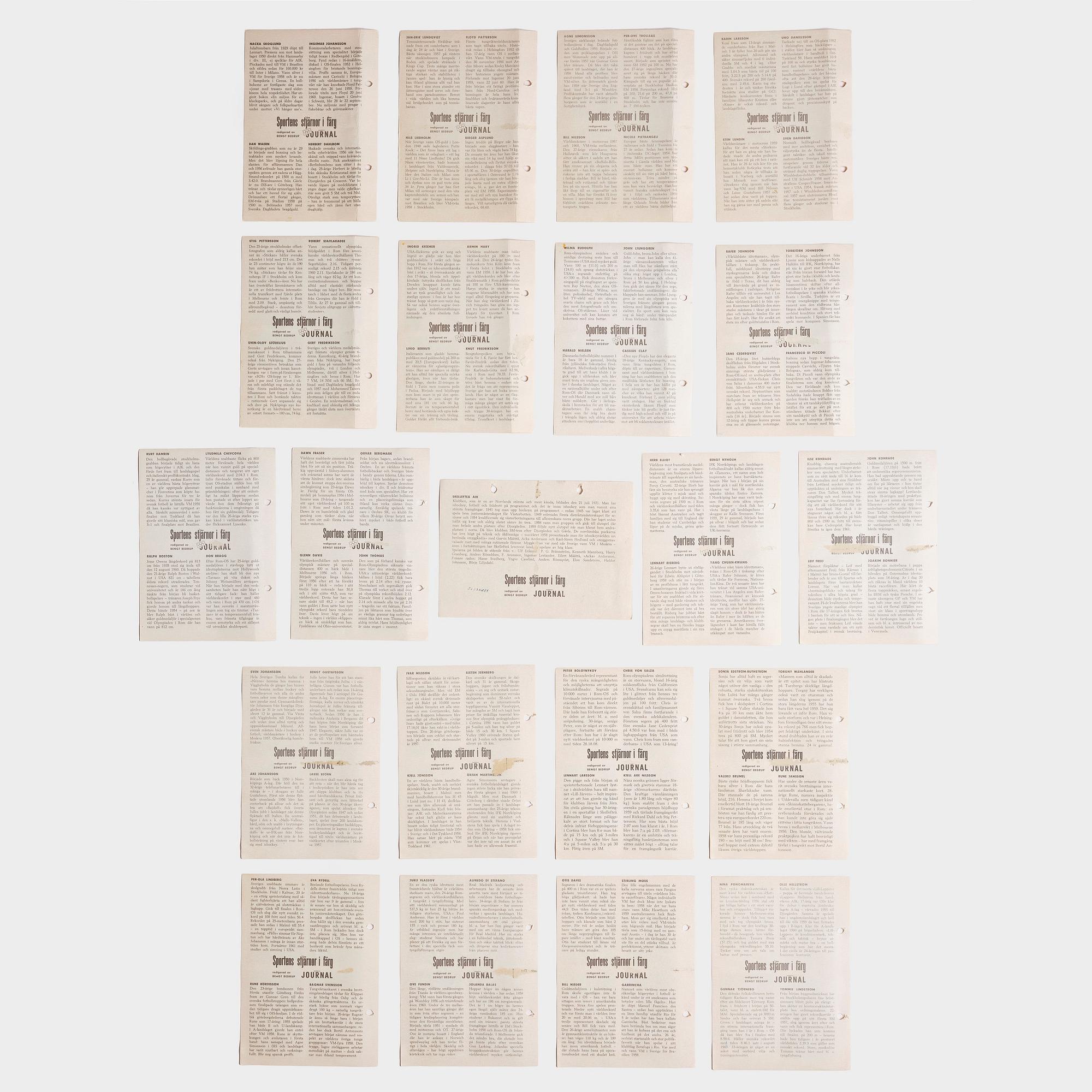Idol cards, "Sportens stjärnor", including Cassius Clay, Nacka Skoglund and others, Hemmets Journal, 1960s.