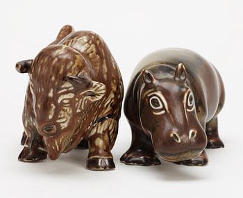 Two Gunnar Nylund stoneware figures, a bison and a hippo, Rörstrand.