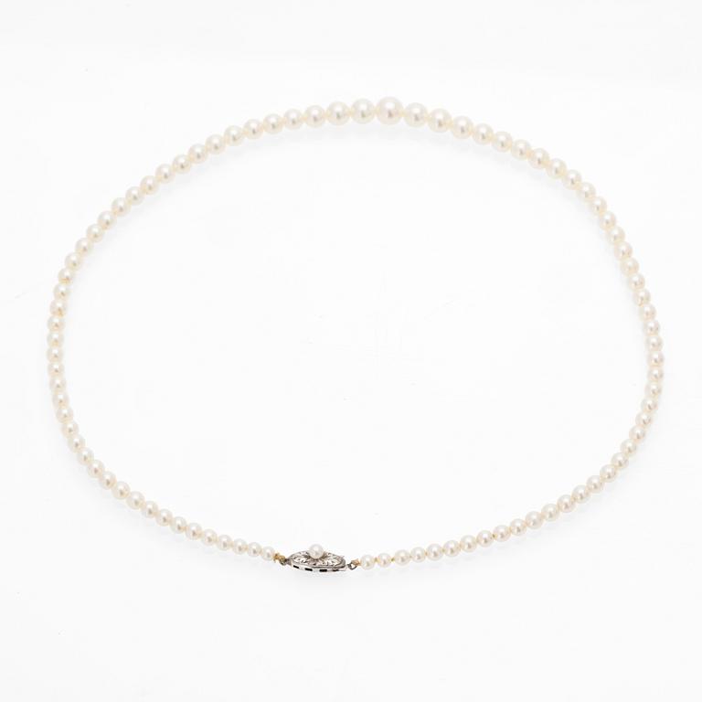 Necklace of graduated cultured pearls with a silver clasp.