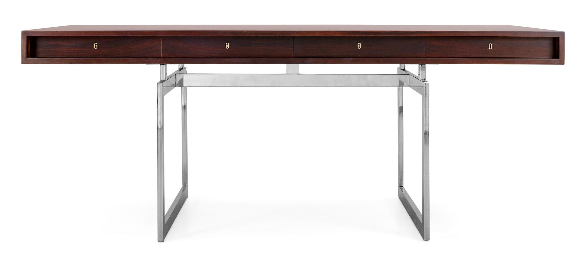A Bodil Kjaer palisander desk on a chrome plated base, Hedensten Møbelfabrik/ E Pedersen, Denmark 1960's.